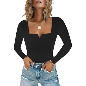 Long Sleeve Bodysuit black  Sexy Neck Notch V Neck Layering Top For Women's